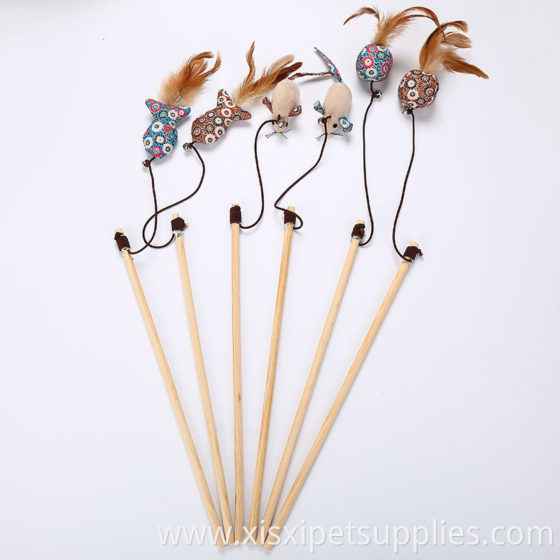 Newstyle Ball Pole Cats Rods Plaything Fish and Mouse Wooden with Feather for Cats Cat Teaser Interactive Toys Pet Toys Opp Bag